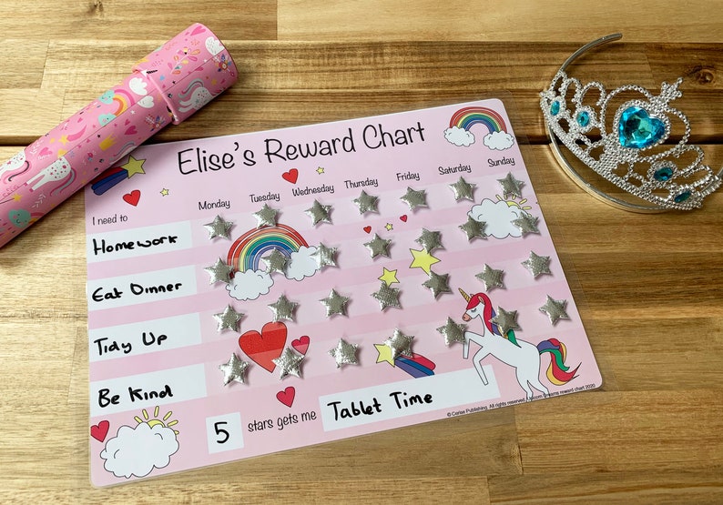 Magical Unicorn Adventure: Kids Reward Chart Customizable A4, Durable & Reusable Velcro Fastening Stars Ideal for Home or School image 1