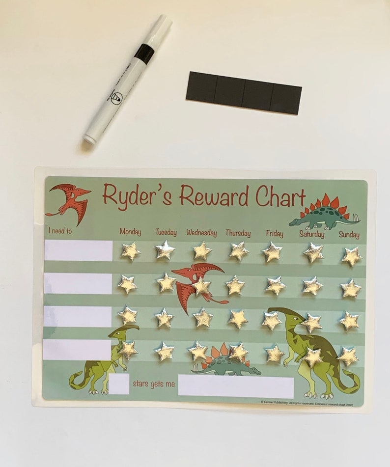 Girls or Boys Dinosuar Reward Chart A4 durable re-usable reward chart with velcro fastening stars, for kids & toddlers at home or away. image 3