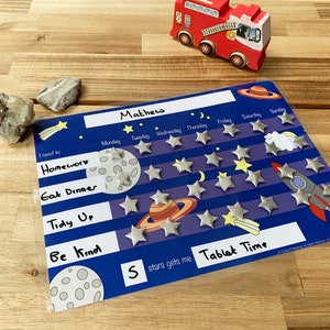 Galactic Adventures - beloningskaart met ruimtethema voor kinderen voor sterrengedrag - aanpasbaar, duurzaam, herbruikbaar op A4-formaat, ideaal voor thuis of op school