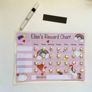 Pode incluir: Um quadro de recompensas rosa e branco com um design de unic&oacute;rnio e arco-&iacute;ris. O quadro tem espa&ccedil;os para cada dia da semana e uma se&ccedil;&atilde;o para "Preciso" e "estrelas me d&atilde;o".
