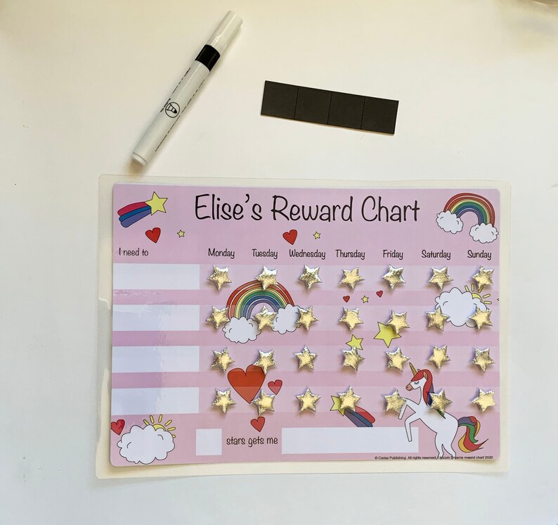 Pode incluir: Um quadro de recompensas rosa e branco com um design de unic&oacute;rnio e arco-&iacute;ris. O quadro tem espa&ccedil;os para cada dia da semana e uma se&ccedil;&atilde;o para "Preciso" e "estrelas me d&atilde;o".