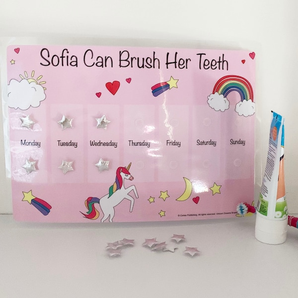 Personalisierte magische Einhorn Zahnputzbelohnungstabelle für Mädchen - A4-Größe, langlebig, wiederverwendbar, Befestigungssterne - ideal für Kinder und Kleinkinder