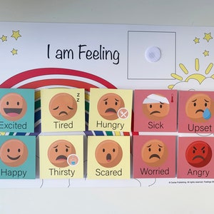 May include: A colorful chart with the words "I am Feeling" at the top.  The chart has nine different emotions with corresponding facial expressions and words: Excited, Tired, Hungry, Sick, Upset, Happy, Thirsty, Scared, Worried, and Angry.