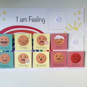 May include: A colorful felt board with the words "I am Feeling" at the top. The board has a rainbow arc and a sun with clouds. There are nine different emotion cards with various facial expressions and words like "Excited", "Tired", "Hungry", "Sick", "Happy", "Thirsty", "Scared", "Worried", and "Angry".