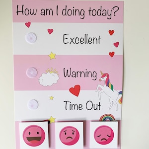 May include: A pink and white behaviour chart with the text "How am I doing today?" and three sections labelled "Excellent", "Warning", and "Time Out". The chart features a unicorn, a star, a sun, a cloud, and hearts. There are three pink emoji faces with different expressions.