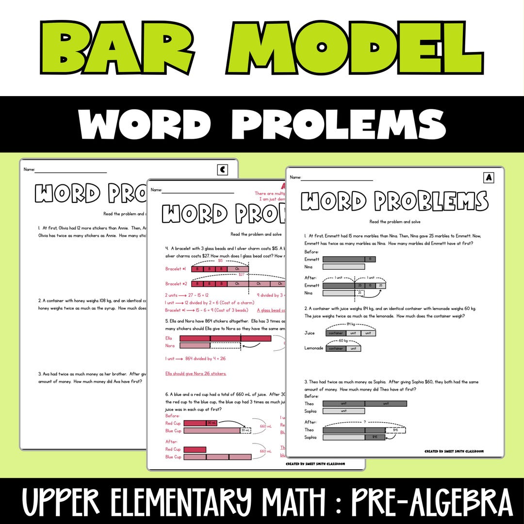 Bar Model Word Problems Level 2 - Algebraic Thinking for 5th Grade ...