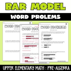 Op de afbeelding: Educatieve werkbladen voor wiskunde in de bovenbouw met woordproblemen met staafmodellen. De werkbladen bevatten problemen met visuele hulpmiddelen en diagrammen om leerlingen te helpen pre-algebra-vergelijkingen op te lossen. De titel "BAR MODEL WORD PROBLEMS" wordt bovenaan weergegeven.
