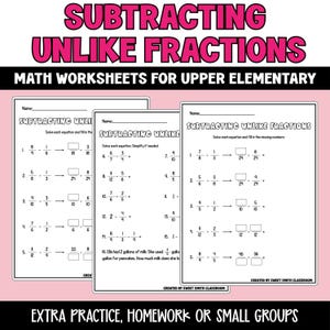 May include: Maths worksheets for upper elementary students. The worksheets are titled "Subtracting Unlike Fractions." Each worksheet has maths problems with spaces to solve and fill in the answers. The worksheets are white with black text.