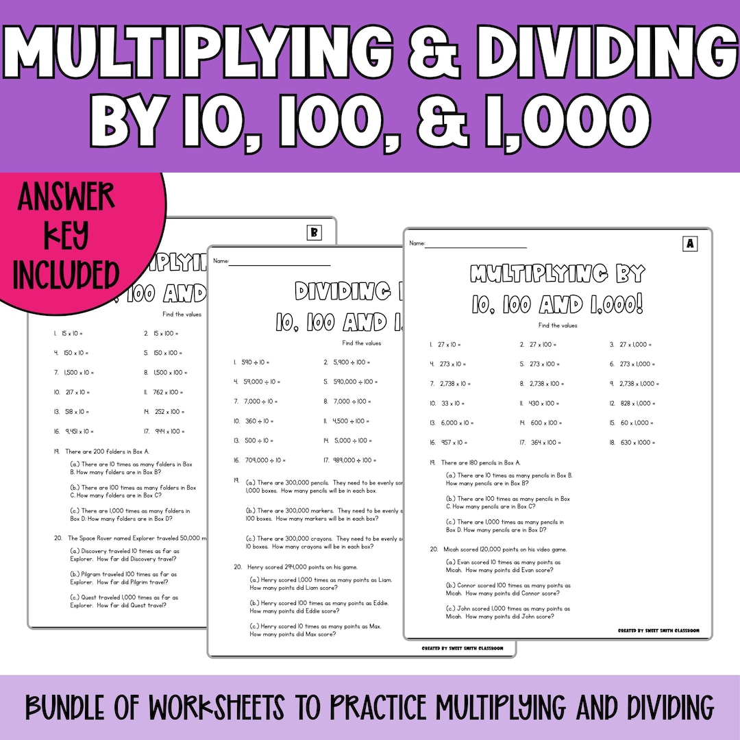 Multiplying & Dividing by 10, 100 and 1,000 Worksheet BUNDLE - Math ...