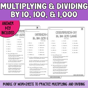 Puede incluir: Un conjunto de hojas de trabajo para practicar la multiplicación y la división por 10, 100 y 1.000. Las hojas de trabajo incluyen claves de respuestas y están diseñadas para uso educativo.