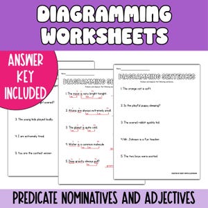 May include: A stack of diagramming worksheets with the text "Diagramming Sentences" and "Predicate Nominatives and Adjectives." The worksheets include sentence diagramming exercises. A pink circle with the text "Answer Key Included" is in the upper left.