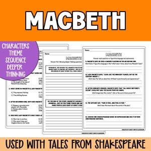 Puede incluir: Hojas de trabajo educativas para la obra "Macbeth" de William Shakespeare. Las hojas de trabajo incluyen preguntas sobre personajes, temas y secuencia, con el título "Macbeth" en letras grandes y en negrita en la parte superior.