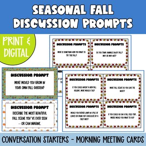 Temas de debate de otoño / Temas para iniciar conversaciones en reuniones matutinas con temática de otoño / Tarjetas de tareas y diapositivas digitales