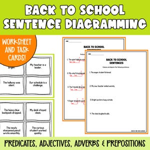 Könnte beinhalten: Lehrreiche Arbeitsblätter und Aufgabenkarten für die Satzdiagrammierung. Das Bild zeigt den Text "BACK TO SCHOOL SENTENCE DIAGRAMMING" und "WORKSHEET AND TASK CARDS!" mit Beispielen für Satzanalyse- und Diagrammierungsübungen.