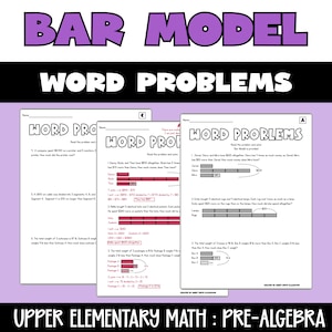 Op de afbeelding: Drie werkbladen met de titel "Woordproblemen" en het woord "Barmodel" bovenaan. De werkbladen zijn voor de bovenbouw van de basisschool en pre-algebra. De werkbladen bevatten wiskundige problemen met staafdiagrammen.