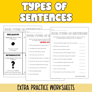 Puede incluir: Hoja de trabajo educativa titulada "Tipos de oraciones" con ejemplos de oraciones declarativas e interrogativas. Incluye ejercicios para identificar tipos de oraciones. Las hojas de trabajo están diseñadas para práctica adicional.