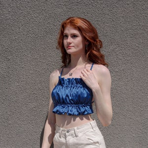 Gathered Backless Blue Satin Crop Top/ Satin Blouse/ Ethical & Sustainable Fashion/ Slow Fashion/ Trendy Y2k Fashion, Handmade in the USA