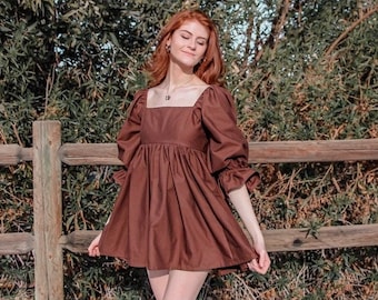 Puff Sleeve Dress - Brown/ Comfortable Dress/ Party Dress/ Cottagecore/ Trendy Fashion/ Fall Dress/ Handmade in the USA/ I. M. WALKER