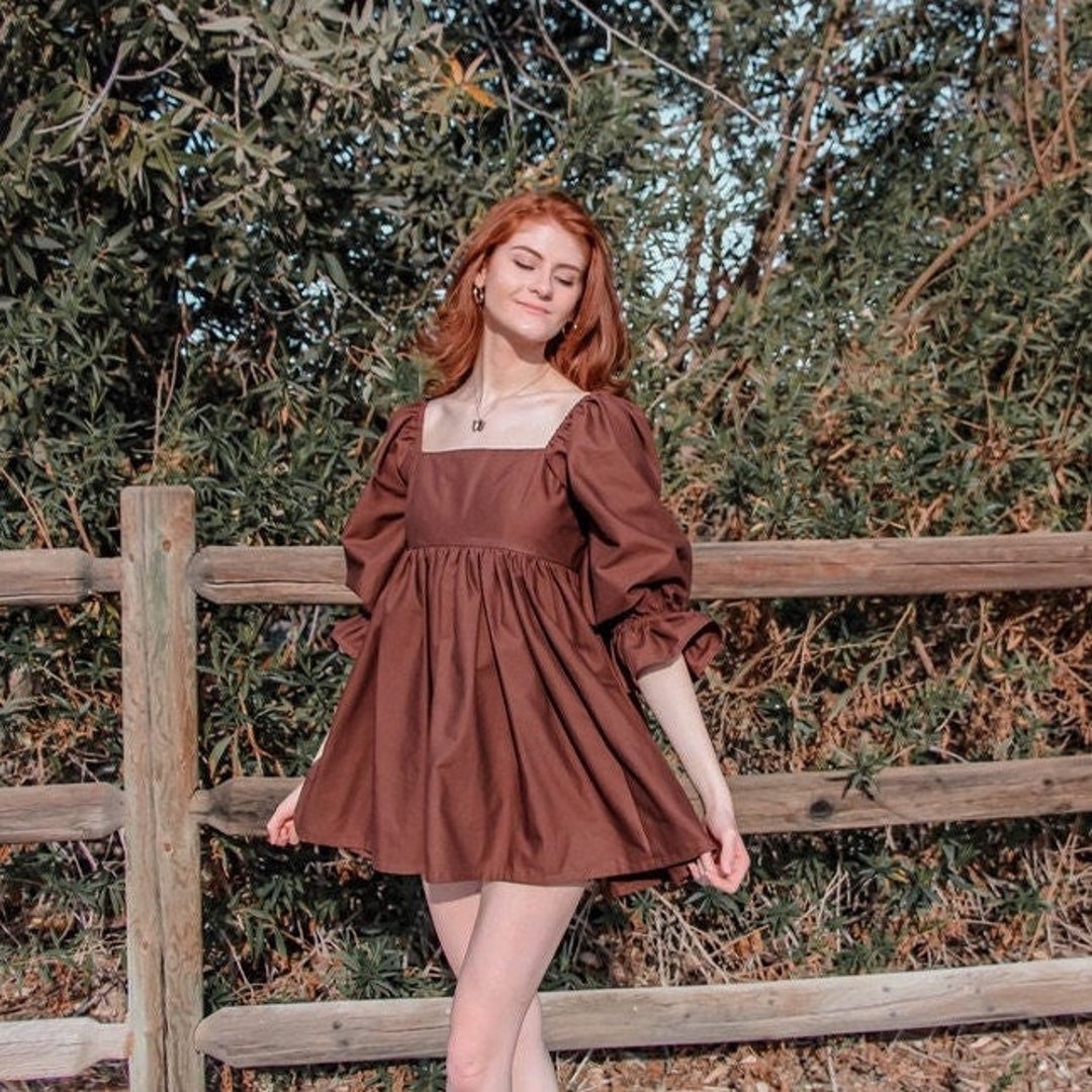 Puff Sleeve Dress - Brown/ Comfortable Dress/ Party Dress