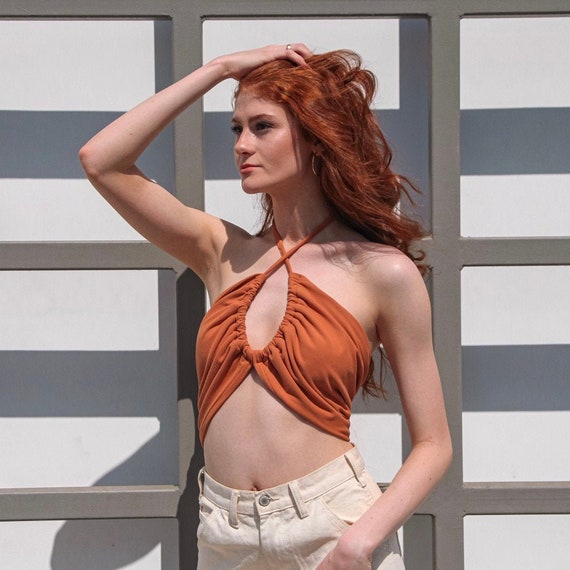 Orange Keyhole Halter Crop Top/ Summer Top/ Ethical & Sustainable Fashion/  Slow Fashion/ Trendy Y2k Fashion, Handmade in the USA 
