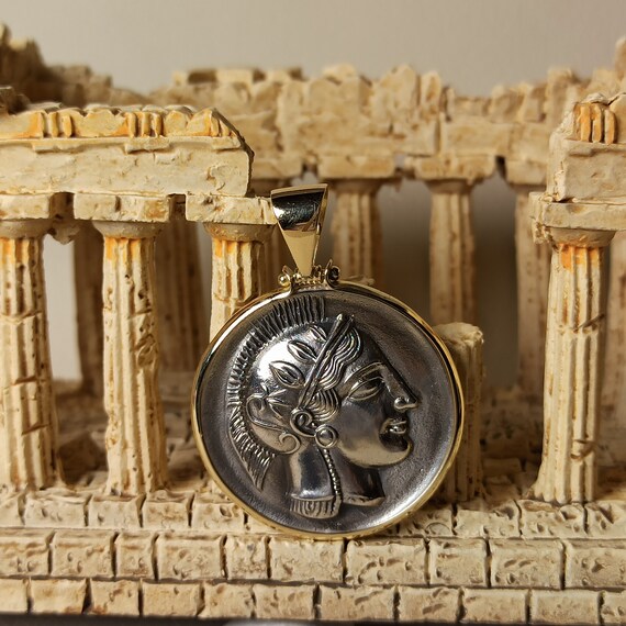 Athenian Tetradrachmwith the figure of Goddess Athena and the figure of an owl in sterling silver and 18K solid gold frame