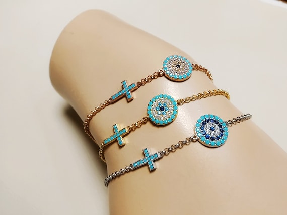 Evil eye and cross bracelet in sterling silver platinum plated with AAAAA quality different color cubic zirconia