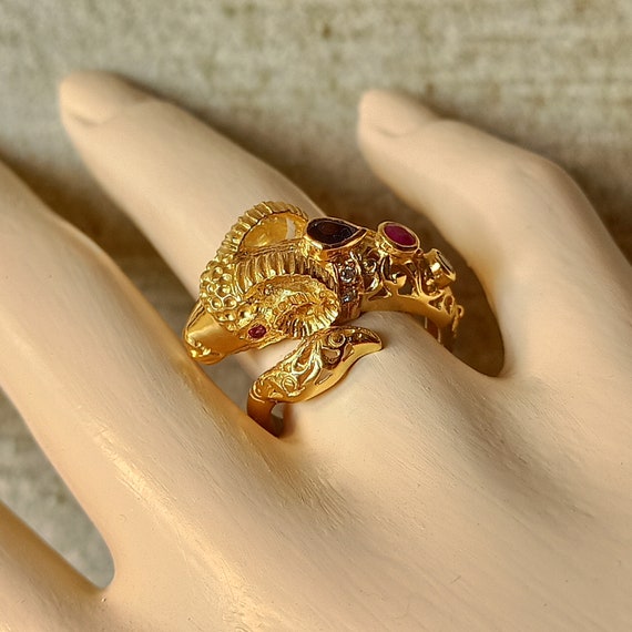 Byzantine style , ram head ring with precious stones and diamonds in 18 carat solid yellow gold