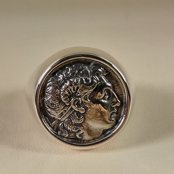 Mens ring with coin of Alexander the great in sterling silver 925