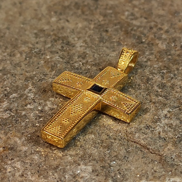 Byzantine style handmade cross made of 14K solid yellow gold