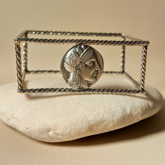 Handmade square bangle with  reproduction of an Athenian Tetradrachm Greek coin of Goddess Athena in stering silver 925