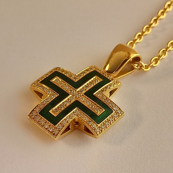 Cross with diamonds and enamel made of 18 Carat solid yellow gold