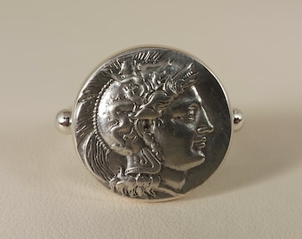 Anillo de plata de ley con la moneda de Atenea, estilo griego antiguo
