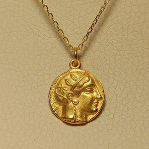 Goddess Athena and owl Tetradrachm reproduction of an ancient Greek coin pendant made of 18K solid yellow gold