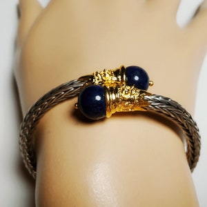 Silver Hand Knitted Bracelet With Lapis,Lapis Lazuli Silver Bracelet, Solid Silver 925 And Gold Plated Bracelet