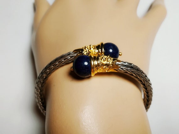 Silver Hand Knitted Bracelet With Lapis,Lapis Lazuli Silver Bracelet, Solid Silver 925 And Gold Plated Bracelet