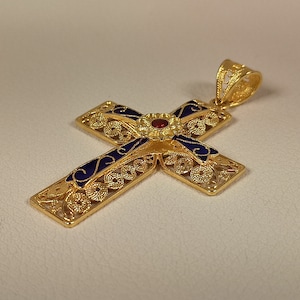 Byzantine, handmade, filigree work Greek Cross with enamel  made of 18 carat solid yellow gold