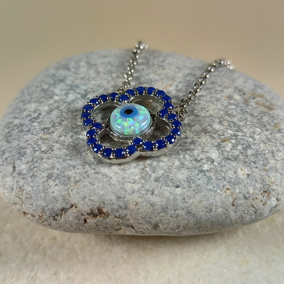 Evil eye necklace with AAAAA Quality Lapis cubic zirconia and opaline evil eye in platinum plated sterling silver 925