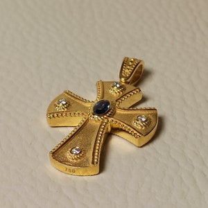 Byzantine style Greek Orthodox cross with natural sapphire and diamonds made of 18K solid yellow gold