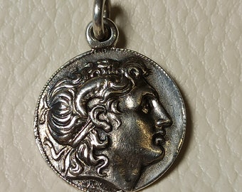 Sterling Silver 925 Ancient Greek Coin Pendant, Lysimachos Tetradrachm Reproduction