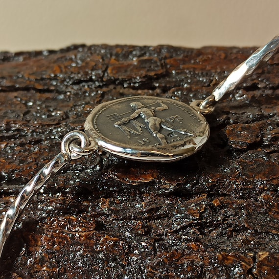 Bracelet with reproduction ancient Greek coin of god Poseidon in sterling silver 925