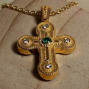 Byzantine style Greek Orthodox Cross with natural diamonds and emerald in 14 K solid yellow gold