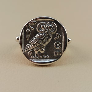 Sterling silver ring with  coin ,Silver ring with the figure of the 0wl of Athena&#39; coin,Ring with the owl symbol of wisdom in ancient Greece