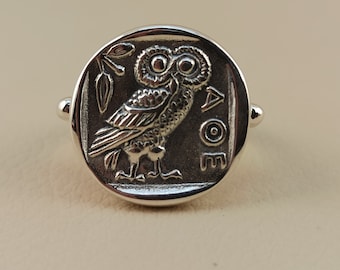 Bague en argent sterling avec pièce, bague en argent avec la figure de la pièce de monnaie 0wl d'Athéna, bague avec le symbole de la chouette de la sagesse dans la Grèce antique