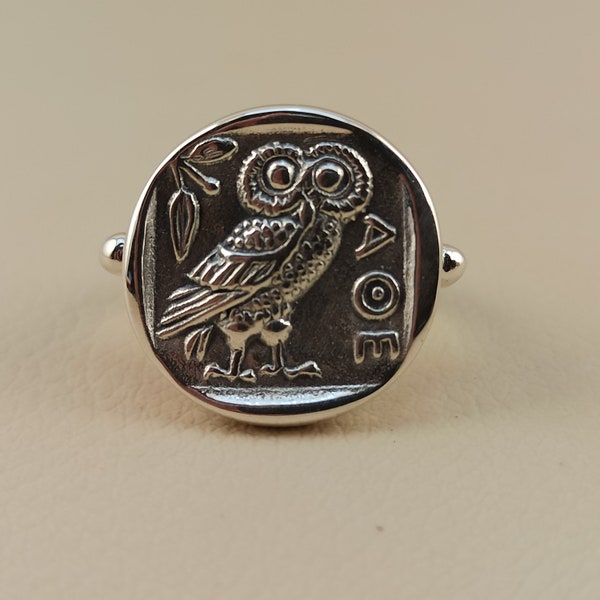 Bague en argent sterling avec pièce, bague en argent avec la figure de la pièce de monnaie 0wl d'Athéna, bague avec le symbole de la chouette de la sagesse dans la Grèce antique