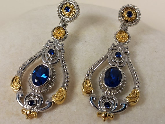 Byzantine style sterling silver 925 and gold plated earrings with sapphire color cubic zirconia