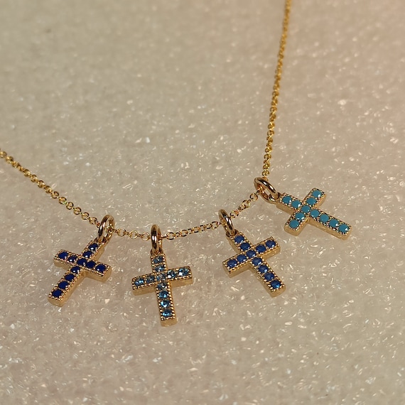 Tiny, small cross in different blue tones cubic zirconia stones with chain in 14K solid yellow gold