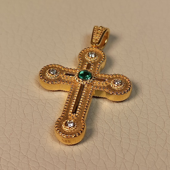 Byzantine style Greek Orthodox cross with natural diamonds and emerald in 14K solid yellow gold