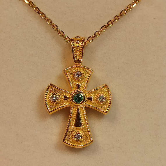 Byzantine style Greek Orthodox cross with natural diamonds and emerald in 14 K solid yellow gold