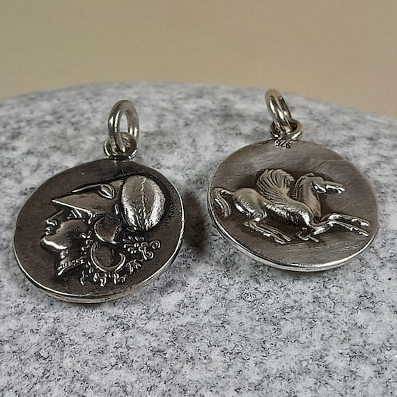 Corinthian Stater,ancient Greek coin pendant with Athena and Pegasus in sterling silver 925
