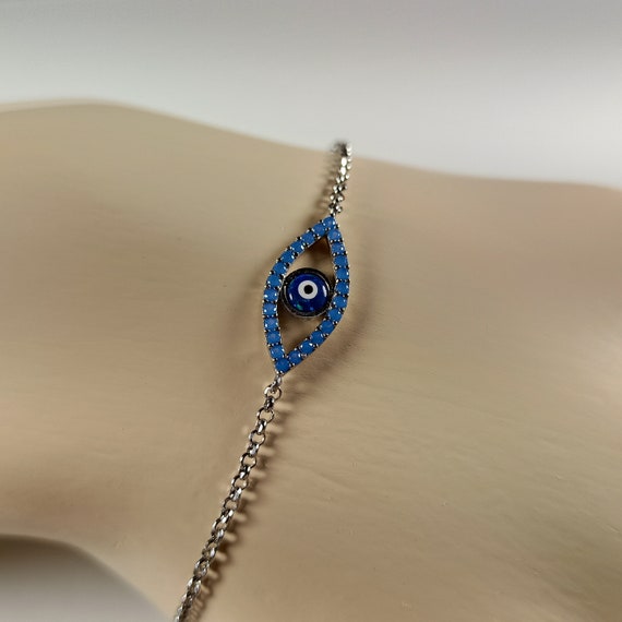 Eye shape evil eye bracelet with AAAAA Quality different  colors cubic zirconia and opaline stones in platinum plated sterling silver 925